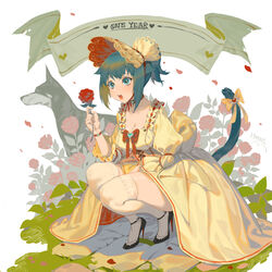  animal_ears arknights blue_hair blush bonnet breasts canine cat_ears cat_tail cleavage dress english_text female flower full_body garter_straps green_eyes high_heels itoucon jessica_(arknights) medium_breasts open_mouth ponytail ribbon rose squatting tail tail_ornament tail_ribbon thighhighs 