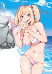  absurdres ahoge bare_shoulders beach bikini blonde_hair blue_sky blush breasts cleavage cloud commentary cowboy_shot day ear_blush female green_eyes hair_ornament halterneck heart heart-shaped_pupils heart_ahoge highres idolmaster idolmaster_cinderella_girls large_breasts looking_at_viewer medium_hair menea naughty_face navel open_mouth outdoors penetration_gesture pink_bikini rock sato_shin shore sidelocks sky smile solo string_bikini swimsuit symbol-shaped_pupils twintails water 