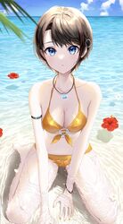  absurdres bad_id bad_pixiv_id barefoot beach bikini blue_eyes blue_sky blush bracelet breasts brown_hair cleavage closed_mouth cloud collarbone commentary day female flower front-tie_bikini_top front-tie_top hair_ornament halterneck hibiscus highres hololive jewelry looking_at_viewer medium_breasts nail_polish narukami_arei navel oozora_subaru outdoors pendant red_flower sand short_hair sitting sky soaking_feet soaking_hands solo stomach swept_bangs swimsuit symbol-only_commentary very_short_hair virtual_youtuber wariza water yellow_bikini yellow_nails 