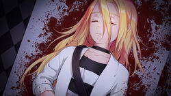  bad_id bad_pixiv_id black_choker blonde_hair blood blood_on_clothes choker closed_eyes closed_mouth collarbone female from_above hair_between_eyes highres jacket korean_commentary long_hair long_sleeves lying nyamunyamu on_back open_clothes open_jacket rachel_gardner satsuriku_no_tenshi shirt striped_clothes striped_shirt upper_body very_long_hair white_jacket 