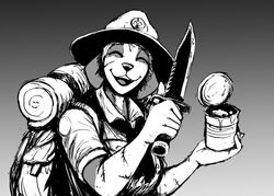  2022 anthro arm_scar canid canine canis closed_eyes domestic_dog facial_scar female gradient_background greyscale hladilnik holding_knife holding_object knife mammal monochrome open_mouth open_smile samantha_thott scar scout_leader scout_uniform simple_background smile solo tin_can 