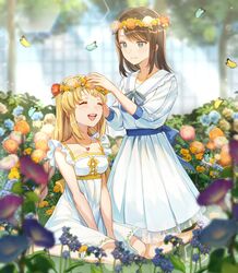  2girls :d back_bow bad_id bad_twitter_id bang_dream! bare_arms between_legs blonde_hair blue_bow blue_bowtie blue_butterfly blue_flower blue_rose blue_sash blurry blurry_background blurry_foreground bow bowtie braid breasts brown_hair bug butterfly closed_eyes closed_mouth collarbone commentary commission cross-laced_clothes day depth_of_field dress english_commentary floral_print flower flower_request flower_wreath forget-me-not_(flower) freesia_(flower) frilled_dress frills full_body grass greenhouse hand_between_legs hand_on_another&#039;s_head hands_up happy head_wreath highres indoors jewelry kneeling lace-trimmed_sleeves lace_trim light_blush light_particles light_smile long_hair looking_at_another low_twin_braids low_twintails marigold medium_breasts medium_hair morning_glory multiple_girls necklace okusawa_misaki on_grass on_ground open_mouth orange_flower pendant pink_flower pleated_dress print_dress purple_flower ranunculus rose sailor_collar sailor_dress sash see-through shoes short_sleeves sidelocks sitting sleeves_past_elbows smile square_neckline sunlight swept_bangs teeth tiny_(tini3030) tree tsurumaki_kokoro twin_braids twintails upper_teeth_only v_arms very_long_hair wariza white_dress white_flower white_footwear white_rose white_sailor_collar yellow_butterfly yellow_flower 