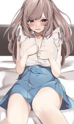  :o bare_legs bed bed_sheet blue_skirt blush bra_visible_through_clothes breasts brown_hair cleavage embarrassed enri_madoka feet_out_of_frame female frilled_sleeves frills highres idolmaster idolmaster_shiny_colors large_breasts long_hair on_bed shirt sitting skirt sleeveless sleeveless_shirt solo tennis_skirt tsukioka_kogane undressing wavy_mouth 