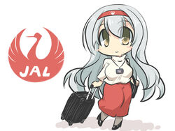  bag bird blush_stickers brown_eyes chibi commentary_request crane_(animal) female goma_(gomasamune) grey_hair hair_between_eyes hairband highres japan_airlines kantai_collection lanyard logo long_hair long_sleeves looking_at_viewer pantyhose rolling_suitcase shadow shoes shoukaku_(kancolle) shoulder_bag skirt smile solo standing suitcase sweater travel_attendant white_background 