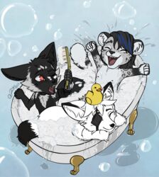  2021 arctic_fox bath bathtime blokfort brush bubble canid canine chibi clothed clothing felid fox group happy hi_res leopard male mammal nude open_mouth pantherine polaris_(mousguy) rubber_duck rubber_duck_on_head shocked topless true_fox 