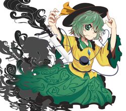  closed_mouth collared_shirt epic_armageddon eyeball female floral_print flower frilled_sleeves frills green_eyes green_hair green_skirt hair_over_one_eye hat heart heart_of_string highres knife komeiji_koishi long_sleeves looking_at_viewer ribbon shadow shirt short_hair simple_background skirt smoke solo third_eye touhou wavy_hair white_background wide_sleeves yellow_ribbon yellow_shirt 