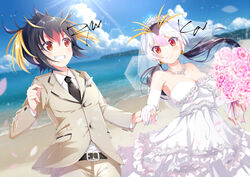  2girls absurdres antenna_hair bare_shoulders beach belt black_hair bouquet breasts bridal_veil bride brown_eyes cleavage closed_mouth collarbone commentary_request commission couple day dress dutch_angle elbow_gloves floating_hair flower formal gloves grin hair_between_eyes hand_up happy highres holding holding_bouquet holding_hands jacket jewelry kemono_friends large_breasts long_hair long_sleeves looking_at_another multicolored_hair multiple_girls necklace necktie ocean orange_hair outdoors pants petals red_eyes red_hair rockhopper_penguin_(kemono_friends) royal_penguin_(kemono_friends) ryuka sand shirt short_hair sidelocks signature smile sparkle strapless strapless_dress suit suit_jacket sunlight twintails veil water wedding wedding_dress white_dress white_hair wife_and_wife wind yuri 