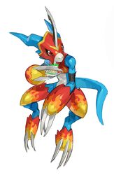  absurdres armor claws digimon digimon_(creature) drinking fladramon helmet highres holding horns invisible_chair no_humans red_eyes simple_background single_horn sitting solo tail tapioka_chaso white_background 