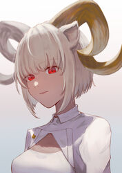  absurdres animal_ears aoi_tooru arknights carnelian_(arknights) closed_mouth commentary dark-skinned_female dark_skin female goat_ears goat_horns highres horns jacket looking_at_viewer red_eyes shirt short_hair solo upper_body white_hair white_jacket white_shirt 