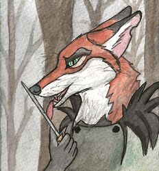  anthro black_nose canid canine corsack dagger female forest fox fur green_eyes looking_at_viewer mammal melee_weapon multicolored_body multicolored_fur painting plant red_fox solo tree true_fox two_tone_body two_tone_fur weapon 