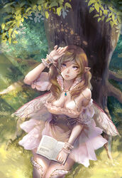  amulet bare_shoulders book bracelet breasts cleavage collar commentary commission detached_collar detached_sleeves do_myzu dress english_commentary fairy fairy_wings female frilled_bracelet frilled_collar frilled_dress frilled_sleeves frills from_above grass hair_over_breasts hair_over_shoulder hand_up holding holding_book jewelry large_breasts leaf light_rays long_hair looking_up nature on_ground original outdoors parted_lips pendant photoshop_(medium) pink_collar pink_dress pink_thighhighs plant_roots pointy_ears puffy_detached_sleeves puffy_sleeves purple_eyes reading shade shadow short_dress sideboob sidelocks sitting solo sunbeam sunlight teeth thighhighs tree upper_teeth_only wings zettai_ryouiki 