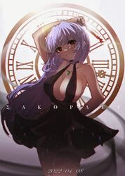  arm_behind_back arm_behind_head artist_name azur_lane black_dress breasts center_opening champagne_flute chinese_commentary clock cup dated dress drinking_glass essex_(azur_lane) essex_(craft_fairytail)_(azur_lane) evening_gown female gem green_gemstone halter_dress halterneck highres holding large_breasts long_hair looking_at_viewer orange_eyes purple_hair short_dress sleeveless sleeveless_dress solo standing yu_skl 