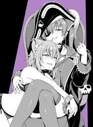  2girls :q animal_ear_fluff animal_ears blush bondage bra cat_ears chain_leash chained chains collar commentary_request crossed_legs cuffs eyepatch femdom greyscale hair_between_eyes handcuffs hat highres hololive houshou_marine houshou_marine_(1st_costume) leash long_sleeves looking_at_viewer monochrome multiple_girls nekomata_okayu noise_(tsuzuki) panties pirate_hat short_hair side-tie_panties sitting thighhighs tongue tongue_out underwear underwear_only virtual_youtuber yuri 