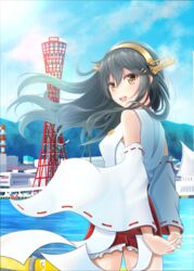  absurdres bad_id bad_pixiv_id black_hair brown_eyes building cityscape day detached_sleeves female frilled_skirt frills hair_ornament hairband hairclip haruna_(kancolle) haruna_kai_ni_(kancolle) headgear highres japanese_clothes jewelry kantai_collection kobe kobe_port_tower long_hair matsu_(matsubozu867) nontraditional_miko outdoors red_skirt ribbon-trimmed_sleeves ribbon_trim ring skirt solo wedding_ring 