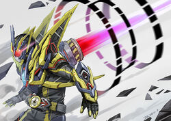  1boy armor dated debris glowing glowing_eyes jiuri_jiuhao kamen_rider kamen_rider_01_(series) kamen_rider_zero-one male_focus photoshop_(medium) power_armor profile rider_belt shining_assault_hopper signature solo thrusters 