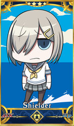  black_pantyhose blue_eyes blue_sailor_collar breasts chibi closed_mouth cloud commentary_request fate/grand_order fate_(series) female full_body gloves grey_skirt hair_ornament hair_over_one_eye hairclip hamakaze_(kancolle) kantai_collection mimamui neckerchief outdoors pantyhose parody partial_commentary pleated_skirt riyo_(lyomsnpmp)_(style) rudder_footwear sailor_collar school_uniform serafuku servant_card_(fate/grand_order) short_hair short_sleeves skirt sky solo standing star_(symbol) style_parody water white_gloves yellow_neckerchief 