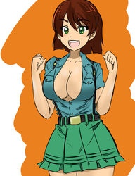  absurdres aoshidan_school_uniform belt black_belt blue_shirt blunt_ends breasts brown_hair cleavage clenched_hands collared_shirt commentary female frilled_skirt frills girls_und_panzer green_eyes green_skirt highres large_breasts light_blush looking_at_viewer miniskirt moesenyukikaze open_mouth partially_unbuttoned pleated_skirt school_uniform shirt short_hair short_sleeves skirt smile solo suspenders tristana_(girls_und_panzer) w_arms 