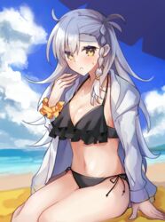  ahoge beach bikini black_bikini blush braid breasts cleavage cloud collarbone commentary_request day fate/grand_order fate_(series) female hair_between_eyes hair_ornament halterneck jacket jacket_over_swimsuit long_hair looking_at_viewer medium_breasts navel ocean ohitashi_netsurou olga_marie_animusphere open_clothes open_mouth outdoors sand side-tie_bikini_bottom side_braid single_braid sitting sky solo sweatdrop swimsuit water white_hair white_jacket yellow_eyes 