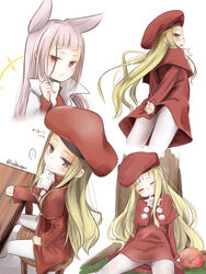  ... akino_shuu arms_behind_back ass belfraw_martini beret blonde_hair blue_eyes capelet closed_mouth commentary_request cropped_legs cropped_torso dress female grey_hair hat long_hair long_sleeves multiple_views on_grass pantyhose parted_lips red_capelet red_dress red_eyes red_headwear sitting smile spoken_ellipsis standing summon_night summon_night_3 table tree twitter_username very_long_hair white_background white_legwear 