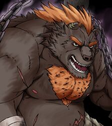  2020 angry anthro barguest_(tas) bear belly body_hair brown_body brown_fur chained chains chest_hair ear_piercing ear_ring fur hair hi_res lifewonders male mammal musclegut muscular muscular_anthro muscular_male orange_hair piercing red_hair ring_piercing scar siroihigenokoi slightly_chubby solo tokyo_afterschool_summoners 