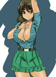  absurdres aoshidan_school_uniform arm_behind_head arm_up belt black_belt blue_shirt breasts cleavage closed_mouth collared_shirt commentary cowboy_shot dark-skinned_female dark_skin female frilled_skirt frills girls_und_panzer green_skirt hand_on_own_chest highres large_breasts light_blush looking_at_viewer medium_hair moesenyukikaze one-hour_drawing_challenge partially_unbuttoned pleated_skirt school_uniform shirt short_sleeves skirt smile solo standing suspender_skirt suspenders viridiana_(girls_und_panzer) 