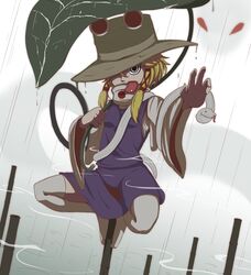  animal bamboo blonde_hair covered_mouth epic_armageddon female grey_eyes hair_between_eyes hair_ornament hair_ribbon hat hat_over_one_eye highres leaf leaf_umbrella long_hair long_sleeves long_tongue moriya_suwako no_shoes on_top_of_pole purple_skirt purple_vest rain red_ribbon ribbon ripples shirt silhouette silhouette_demon skirt sleeves_past_wrists snake solo thighhighs tongue touhou turtleneck vest white_shirt white_thighhighs wide_sleeves 