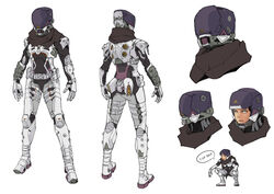  apex_legends armor blue_eyes brown_scarf commentary english_text female from_behind helmet i-carmine looking_ahead multiple_views open_hands reference_sheet scarf science_fiction speech_bubble squatting voidwalker_wraith white_background wraith_(apex_legends) 