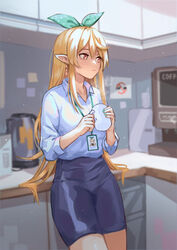  absurdres blonde_hair blue_skirt blurry blurry_background brown_eyes collared_shirt cup dress_shirt fairy female formal highres holding holding_cup long_hair long_sleeves maplesights mature_female microwave miniskirt mug multiple_views name_tag nijisanji nijisanji_en office_lady pantyhose pencil_skirt pointy_ears pomu_rainpuff shirt shirt_tucked_in skirt skirt_suit sleeves_rolled_up solo_focus suit virtual_youtuber white_shirt 