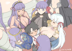  1boy 6+girls armor arms_under_breasts bandaged_arm bandages bangs banned_artist bb_(fate)_(all) bb_(fate/extra_ccc) bb_(swimsuit_mooncancer)_(fate) bead_bracelet beads bikini bikini_armor black_coat black_hair blue_shirt blush bracelet breasts circlet claws cleavage closed_eyes coat collar crossed_arms crotch_plate earrings fate/extra fate/extra_ccc fate/grand_order fate_(series) flower fujimaru_ritsuka_(male) giantess greaves hair_ornament hair_ribbon hairband huge_breasts indian_clothes jewelry kama_(fate/grand_order) kingprotea large_breasts leotard long_hair lotus matou_sakura meltryllis metal_collar mo_(kireinamo) multiple_girls multiple_persona naked_bandage navel neck_ribbon necklace o-ring open_clothes open_coat open_mouth parvati_(fate/grand_order) passionlip ponytail popped_collar purple_bikini purple_eyes purple_hair red_eyes red_ribbon revealing_clothes ribbon shirt short_hair short_sleeves silver_hair sleeves_past_fingers sleeves_past_wrists spiked_hair star_(symbol) star_earrings star_hair_ornament swimsuit tan very_long_hair white_leotard 