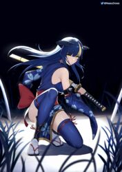  artist_name back_bow bare_shoulders black_horns blonde_hair blue_hair blue_kimono blue_thighhighs blunt_bangs bow cherry_blossom_print dark_blue_hair detached_sleeves female floral_print from_behind garchomp highres horns japanese_clothes katana kimono legs multicolored_hair nessu_(nnn07897) obi personification pokemon red_bow red_sash sandals sash sheath sleeveless sleeveless_kimono solo squatting streaked_hair sword tabi thighhighs thighs twitter_username unsheathing weapon wide_sleeves yellow_eyes zettai_ryouiki zouri 