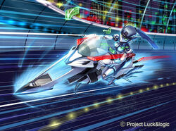  commentary copyright_name female green_eyes looking_to_the_side luck_&amp;_logic mecha mechanical_skirt megaru motor_vehicle motorcycle mytea_(soso) official_art photoshop_(medium) police police_motorcycle riding robot vehicle_focus watermark 