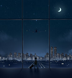  aircraft airplane airport bad_id bad_pixiv_id black_hair briefcase building city city_lights commentary_request crescent_moon female highres holding_luggage indoors luggage mige_shijiu moon new_york_city night night_sky original ponytail rolling_suitcase runway sky skyscraper solo star_(sky) starry_sky suitcase taking_off walking wide_shot world_trade_center 