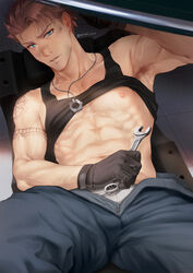  1boy abs arm_tattoo armpit_hair armpits black_gloves black_pants black_tank_top blue_eyes brown_hair bulge clothes_lift dan_(mondi_hl) gloves highres holding holding_wrench jewelry male_focus male_underwear male_underwear_peek mechanic mondi_hl muscular muscular_male navel necklace nipples original pants pectorals short_hair sidepec solo tank_top tattoo twitter_username underpec underwear unzipped wrench 