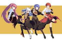  4girls black_footwear blue_hair boots clothes_around_waist commentary_request dress fire_emblem fire_emblem:_three_houses garreg_mach_monastery_uniform hilda_valentine_goneril knee_boots knee_pads leonie_pinelli long_hair lysithea_von_ordelia marianne_von_edmund multiple_girls orange_hair pantyhose pink_hair sharlorc short_hair single_knee_pad thighhighs twintails white_footwear white_hair 