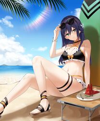  adjusting_eyewear arm_support arm_up bare_arms bare_legs bare_shoulders beach bikini black_bikini black_choker black_footwear blue_hair blue_sky blush bow bow_bikini bracelet breasts butterfly_hair_ornament choker cleavage closers cloud coconut_tree dark_blue_hair day eunha_(closers) female food foot_out_of_frame frilled_bikini frills fruit green_eyes hair_between_eyes hair_ornament highres island jewelry lens_flare long_hair looking_at_viewer medium_breasts navel ocean official_art on_ground outdoors palm_tree planted_surfboard plate sand sandals sitting sky smile solo stomach surfboard sweat swimsuit table thigh_strap tree watermelon watermelon_seeds watermelon_slice yellow_bow 