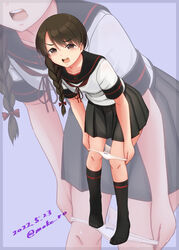  black_ribbon black_sailor_collar black_skirt black_socks braid breasts brown_eyes brown_hair female hair_ribbon kantai_collection kneehighs leaning_forward long_hair miniskirt moke_ro neck_ribbon panties panty_pull pleated_skirt pulling_own_clothes red_ribbon ribbon sailor_collar school_uniform serafuku short_sleeves single_braid skirt small_breasts socks underwear undressing uranami_(kancolle) uranami_kai_ni_(kancolle) white_panties zoom_layer 