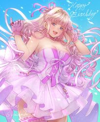  bare_shoulders blonde_hair blue_eyes bow breasts choker dated dress earrings eyelashes female gloves hair_ornament hairbow hands_up happy_birthday highres jewelry kimidori_(kimidoriri) large_breasts long_hair macross macross_frontier open_mouth pink_choker pink_dress pink_gloves pink_hair pink_skirt sheryl_nome single_earring skirt sleeveless sleeveless_dress solo 