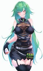  absurdres bare_shoulders black_gloves black_shirt black_skirt black_thighhighs blush breasts brown_eyes commentary_request cup drinking_glass female garter_straps gloves green_hair grin hair_between_eyes hair_ornament hairclip highres holding holding_cup kitakoji_hisui kitakoji_hisui_(2nd_costume) large_breasts long_hair looking_at_viewer nijisanji official_alternate_costume shirt simple_background skirt sleeveless sleeveless_shirt smile solo thighhighs vial virtual_youtuber white_background yuki_maccha_(yukimattya10) 