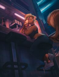  2020 anthro bar_stool breasts brown_body brown_fur clothed clothing detailed_background digital_media_(artwork) ear_piercing ear_ring feet female fingers fur furniture hair hi_res inside kalahari kappy_(character) mammal mephitid piercing ring_piercing shoe_dangle skunk soles solo stool 