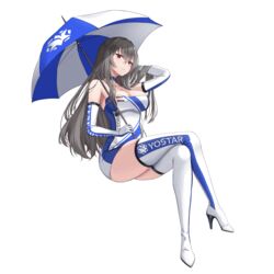  alternate_costume arm_up azur_lane bare_shoulders blue_choker blue_dress blue_footwear blue_gloves blue_umbrella boots breasts character_name choker cleavage closed_mouth clothes_writing collarbone commission crossed_legs dress elbow_gloves female full_body gloves grey_hair hair_between_eyes hand_in_own_hair high_heel_boots high_heels highres holding holding_umbrella invisible_chair large_breasts levy_(comradlevy) logo long_hair looking_at_viewer microdress multicolored_clothes race_queen red_eyes saint-louis_(azur_lane) simple_background sitting solo strapless strapless_dress thigh_boots thighhighs transparent_background two-tone_dress umbrella white_dress white_footwear white_gloves white_umbrella zettai_ryouiki 