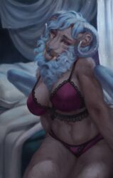  2020 anthro blue_hair breasts clothed clothing curved_horn digital_media_(artwork) eyebrows eyelashes fangs felid feline female hair hi_res horn hybrid mammal panties raventenebris sabertooth_(anatomy) solo teeth underwear whiskers 