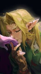  1boy bishounen black_background blonde_hair brown_gloves closed_eyes earrings female fingerless_gloves gloves green_tunic highres holding_hands jewelry kissing kissing_hand link long_hair octahooves out_of_frame parted_bangs parted_lips pink_gloves pointy_ears princess_zelda scar scar_on_cheek scar_on_face scar_on_forehead scar_on_nose the_legend_of_zelda the_legend_of_zelda:_ocarina_of_time upper_body 