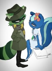  absurd_res anthro blue_body blue_fur bottomwear clothed clothing coat dress duo eye_contact female flower_on_head footwear fur green_body green_fur happy_tree_friends hat headgear headwear hi_res looking_at_another luzlimoon male mammal mephitid narrowed_eyes pants petunia_(htf) procyonid raccoon scar shifty_(htf) shoes sitting skunk smile smiling_at_another standing topwear 