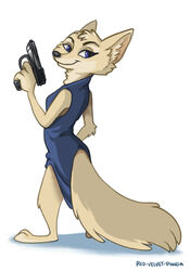  2019 anthro caliosidhe canid canine clothed clothing digital_drawing_(artwork) digital_media_(artwork) disney dress female fox fur gun handgun happy holding_gun holding_object holding_ranged_weapon holding_weapon inner_ear_fluff looking_back mammal pistol pose ranged_weapon shadow simple_background skye_(zootopia) smile solo tan_body tan_fur tuft weapon white_background zootopia 