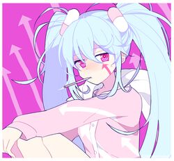  arrow_(symbol) arrow_print blue_hair dadadanoda facial_tattoo female hair_ornament half-closed_eyes hands_on_own_knees hatsune_miku highres knees_up light_blue_hair liquid-in-glass_thermometer long_hair looking_at_viewer mouth_hold pill pink_background pink_eyes pink_shirt ringed_eyes shirt sitting slow_motion_(vocaloid) tattoo thermometer twintails upper_body very_long_hair vocaloid 