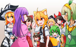  6+girls ahoge animal_ear_fluff animal_ears asatsuki_(cookie) asymmetrical_hair bangle benikurage_(cookie) black_dress black_necktie blonde_hair blue_skirt bow bracelet braid breasts brown_eyes brown_hair brown_skirt brown_vest cleavage closed_eyes closed_mouth coat collared_shirt commentary_request cookie_(touhou) cowboy_shot cross crossed_arms cup detached_sleeves dress earrings facepaint food fox_ears fox_girl fox_tail frilled_dress frilled_hair_tubes frills grabbing_another&#039;s_tail green_eyes green_hair green_skirt green_vest hair_tubes hairbow hands_on_own_head hat hat_bow highres holding holding_cup jewelry kirisame_marisa kochiya_sanae long_hair looking_at_another mars_(cookie) medium_breasts medium_hair mini_person minigirl miramikaru_riran multiple_girls necktie oerba_yun_fang omelet open_mouth parted_bangs paseri_(cookie) patchouli_knowledge pink_coat puffy_short_sleeves puffy_sleeves purple_bow purple_eyes purple_hair red_bow red_eyes red_shirt reu_(cookie) ribbon-trimmed_sleeves ribbon_trim sakenomi_(cookie) shirt short_hair short_sleeves side_braid sidelocks single_braid skin_fang skirt sleeveless sleeveless_shirt small_breasts smile tail taisa_(cookie) tamagoyaki touhou triangle_mouth uzuki_(cookie) vest white_bow white_shirt white_sleeves witch_hat yan_pai yunomi 