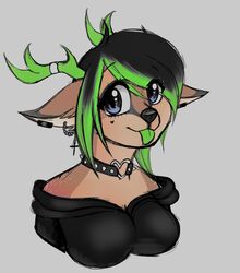  antlers big_breasts breasts clothed clothing female green_antlers green_hair green_tongue hair hi_res horn solo tongue 