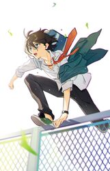  1boy absurdres bag black_pants chain-link_fence commentary_request fence green_footwear hair_between_eyes highres honlo hori-san_to_miyamura-kun jacket katagiri_senior_high_school_uniform leaf male_focus miyamura_izumi necktie open_clothes open_jacket open_mouth pants red_necktie school_bag school_uniform shirt simple_background solo white_background white_shirt 