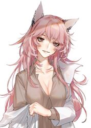  animal_ears bad_id bad_twitter_id bags_under_eyes breasts cat_ears cleavage commentary_request female girls&#039;_frontline lab_coat long_hair messy_hair persica_(girls&#039;_frontline) pink_hair red_eyes shirt smile solo uhhgaoh 