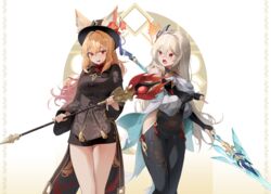  2girls animal_ears blonde_hair breasts calamity_queller_(genshin_impact) choyeon clothes_lift commission cosplay ellin_meiji flower fox_ears genshin_impact highres hu_tao_(genshin_impact) hu_tao_(genshin_impact)_(cosplay) large_breasts lethe_rin multicolored_hair multiple_girls non-web_source original pink_hair polearm red_eyes shenhe_(genshin_impact) shenhe_(genshin_impact)_(cosplay) simple_background spear staff_of_homa_(genshin_impact) two-tone_hair weapon white_hair 